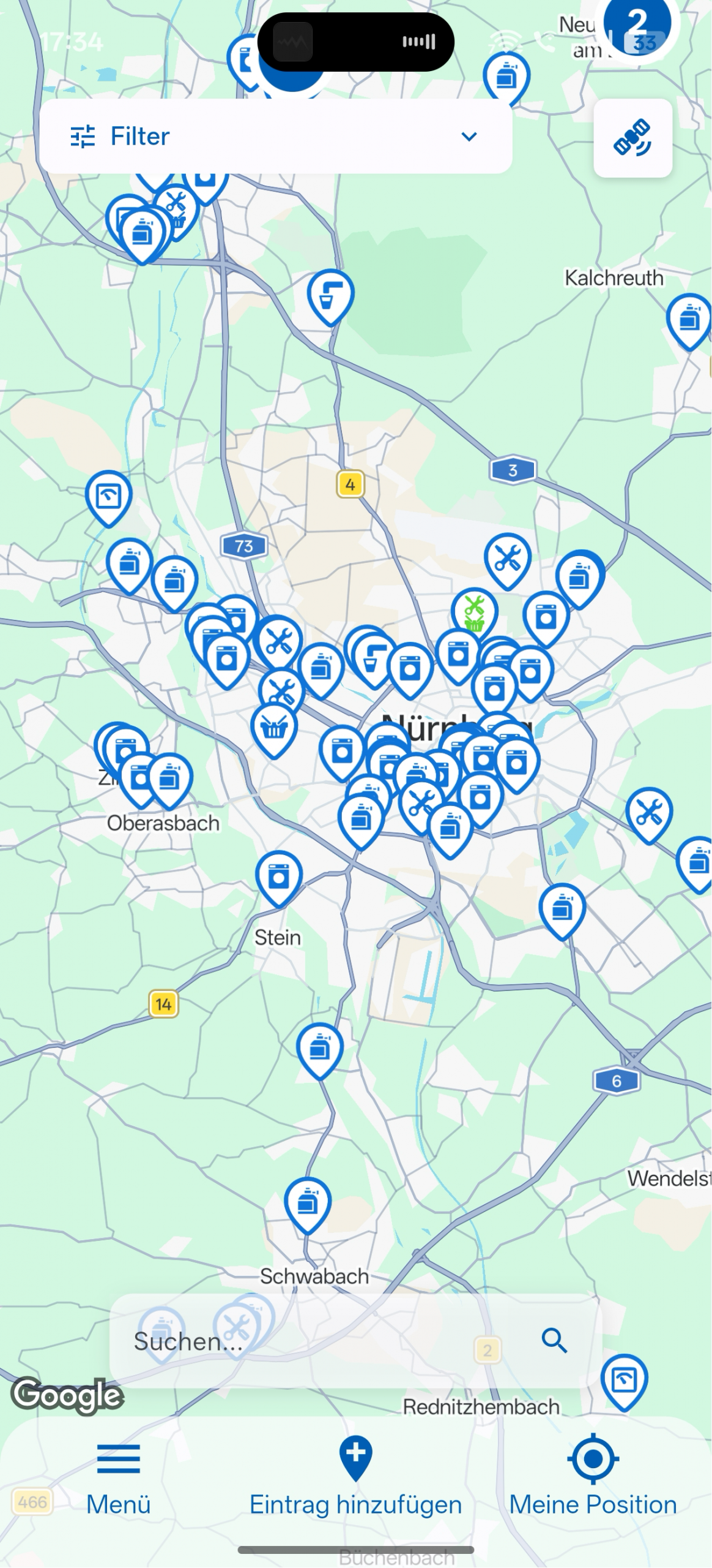 CamperFix App Screenshot - Werkstätten auf der Karte