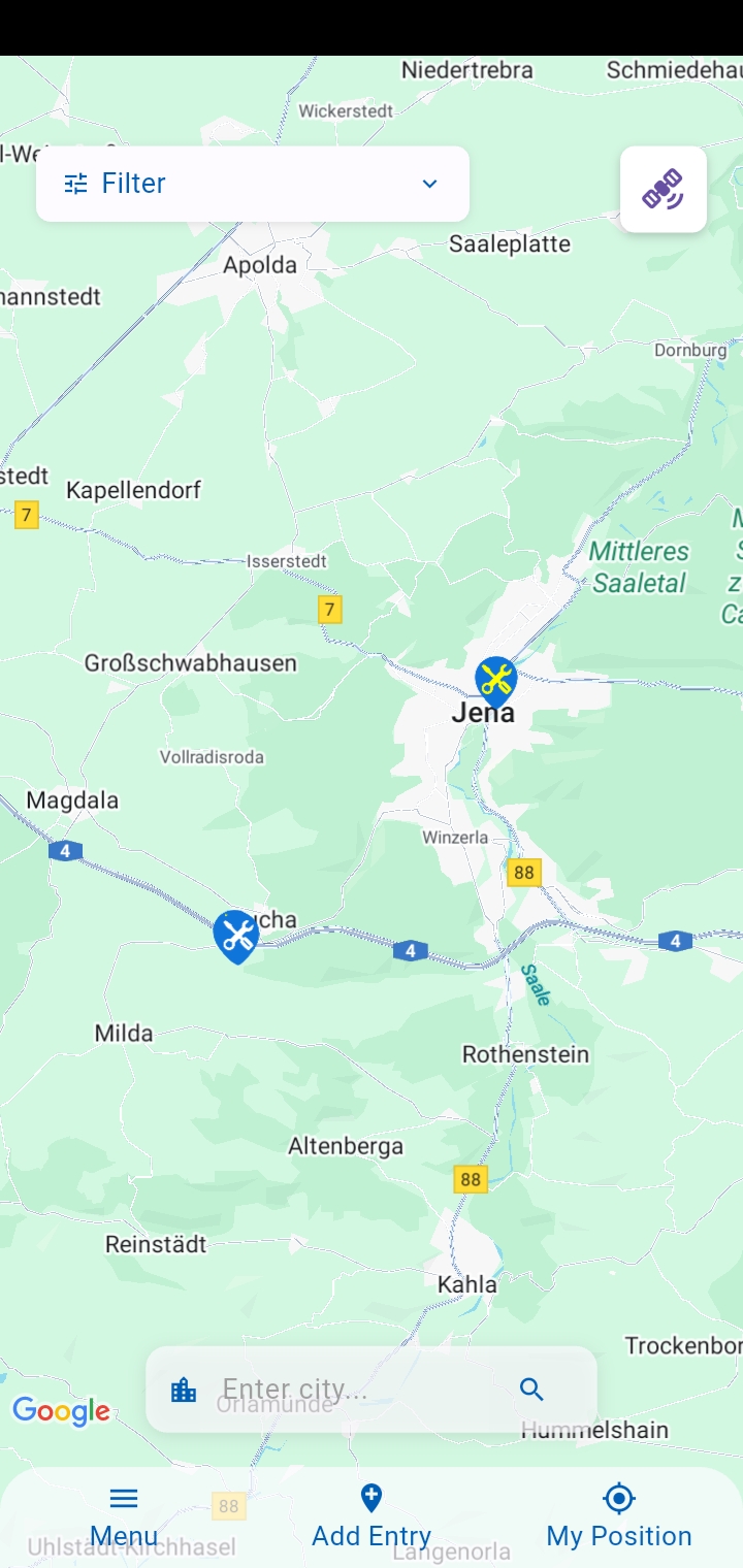 CamperFix App Screenshot - Werkstätten auf der Karte